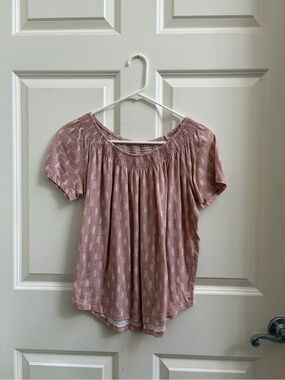 LOFT Dusty Rose Smocked Yoke Short Sleeve Top